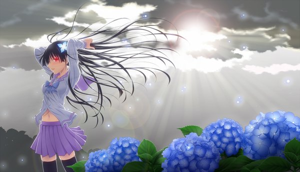 Anime picture 1695x976 with sankarea studio deen sanka rea oshou (artist) single long hair breasts black hair red eyes wide image standing cloud (clouds) hair flower wind open clothes open shirt glowing evening sunset glowing eye (eyes)