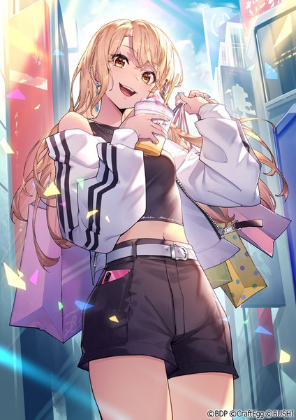 Anime picture 919x1300 with bang dream! kirigaya touko essual (layer world) single long hair tall image open mouth blonde hair yellow eyes outdoors :d open jacket official art from below midriff girl earrings jacket shorts belt