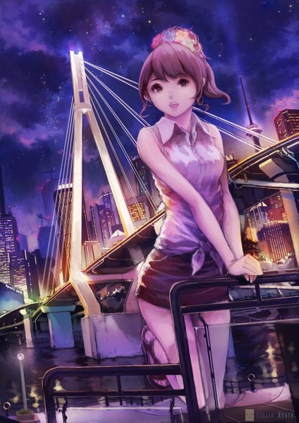 Anime picture 1240x1754 with original chaang single tall image looking at viewer fringe short hair open mouth brown hair brown eyes cloud (clouds) bent knee (knees) outdoors ponytail hair flower night arm support night sky city happy