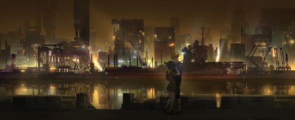 Anime picture 3000x1225 with darling in the franxx studio trigger ichigo (darling in the franxx) gorou (darling in the franxx) ying yi highres short hair black hair blonde hair wide image standing full body outdoors night couple hug city reflection cityscape city lights