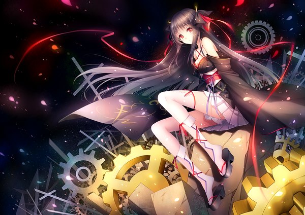 Anime picture 1414x1000 with machine-doll wa kizutsukanai yaya (machine-doll) tidsean single long hair looking at viewer black hair red eyes traditional clothes japanese clothes dark background girl thighhighs ribbon (ribbons) bow hair bow hair ribbon petals white thighhighs shoes