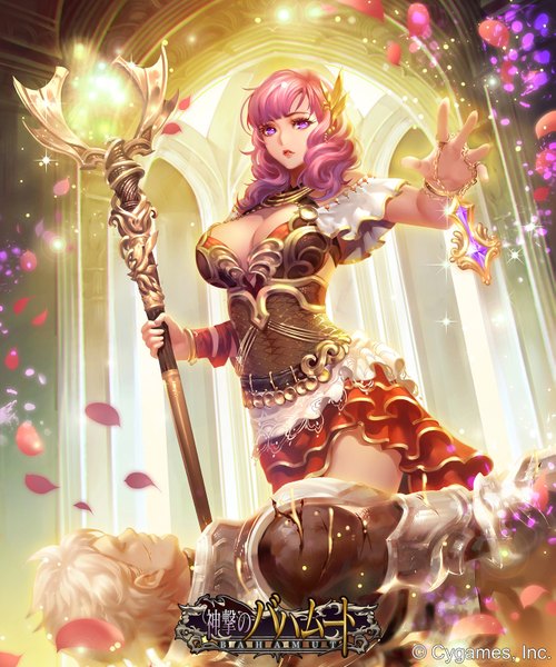 Anime picture 1333x1600 with shingeki no bahamut heal priest (shingeki no bahamut) ryushin single long hair tall image looking at viewer fringe breasts light erotic large breasts standing purple eyes red hair lips girl dress boy staff