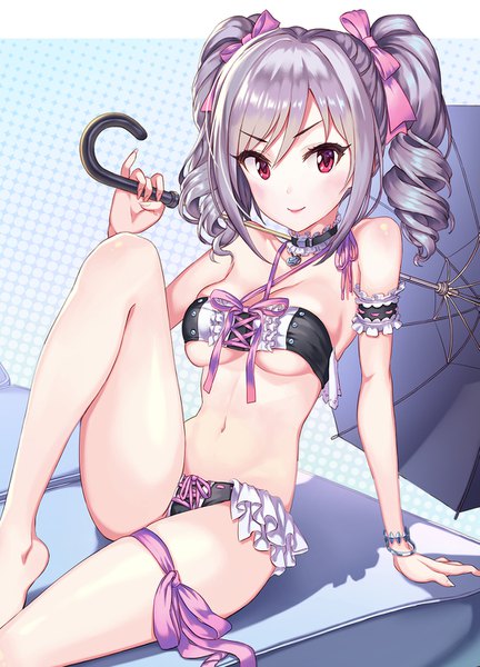Anime picture 1081x1500 with idolmaster idolmaster cinderella girls kanzaki ranko hhama single tall image looking at viewer blush fringe short hair breasts light erotic simple background smile hair between eyes red eyes large breasts sitting twintails bare shoulders