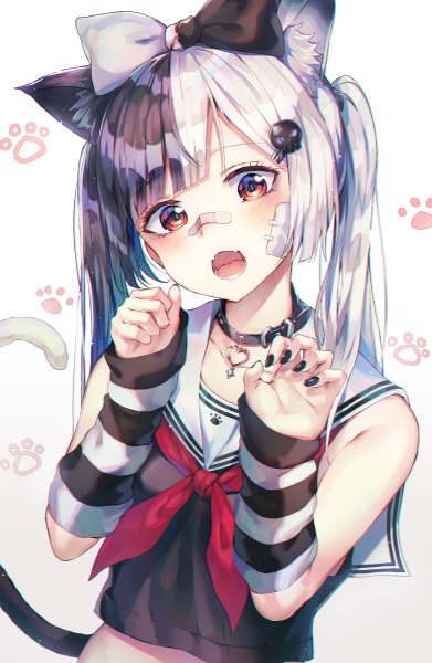 Anime picture 782x1200 with original huwari (dnwls3010) single long hair tall image looking at viewer fringe open mouth black hair simple background red eyes standing white background twintails animal ears upper body white hair tail blunt bangs nail polish