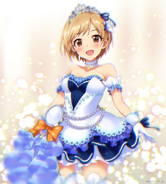 Anime picture 950x1050 with idolmaster idolmaster cinderella girls idolmaster cinderella girls starlight stage aiba yumi mizuki makoto single tall image looking at viewer blush short hair open mouth blonde hair brown eyes starry sky bright girl thighhighs dress gloves bow white thighhighs