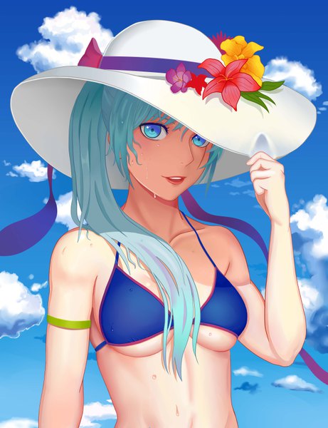 Anime-Bild 5000x6500 mit rwby rooster teeth weiss schnee zhao shixuan single long hair tall image highres breasts blue eyes light erotic twintails absurdres sky cloud (clouds) aqua hair girl flower (flowers) swimsuit hat