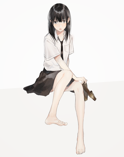 Anime picture 1505x1913 with original vient single long hair tall image looking at viewer fringe open mouth black hair simple background hair between eyes white background sitting full body barefoot black eyes shoes removed girl uniform school uniform