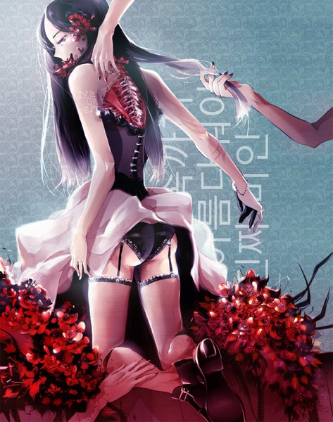 Anime picture 1183x1500 with original poppynavat long hair tall image looking at viewer light erotic standing bare shoulders nail polish hair flower grey background grey eyes kneeling back skeleton guro girl thighhighs hair ornament underwear