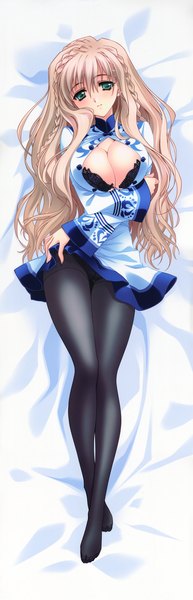 Anime picture 2288x7107 with touka gettan futaba riko carnelian single long hair tall image blush highres breasts blue eyes light erotic blonde hair scan dakimakura (medium) girl dress pantyhose lingerie bra black pantyhose