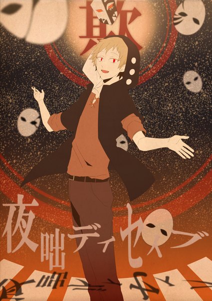 Anime picture 1200x1697 with kagerou project shaft (studio) kano shuuya nitaka (fujikichi) single tall image looking at viewer short hair open mouth blonde hair red eyes hieroglyph spread arms boy jacket hood moon mask hoodie