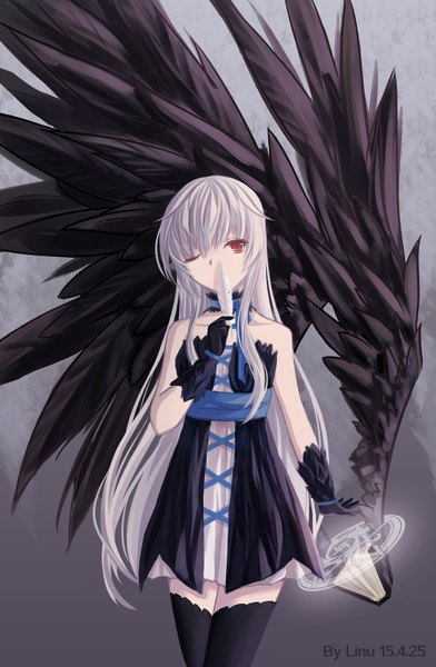 Anime picture 1045x1600 with original pixiv fantasia pixiv fantasia t linu yu single long hair tall image looking at viewer fringe simple background red eyes standing bare shoulders white hair one eye closed magic lacing black wings girl thighhighs