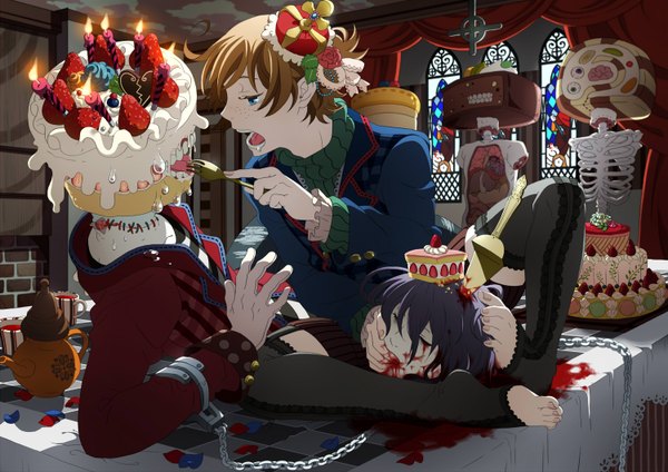 Anime picture 1500x1060 with original argent short hair open mouth blue eyes brown hair sitting purple hair ahoge eyes closed profile multiple boys reclining freckles bone (bones) thighhighs boy gloves flower (flowers) black thighhighs