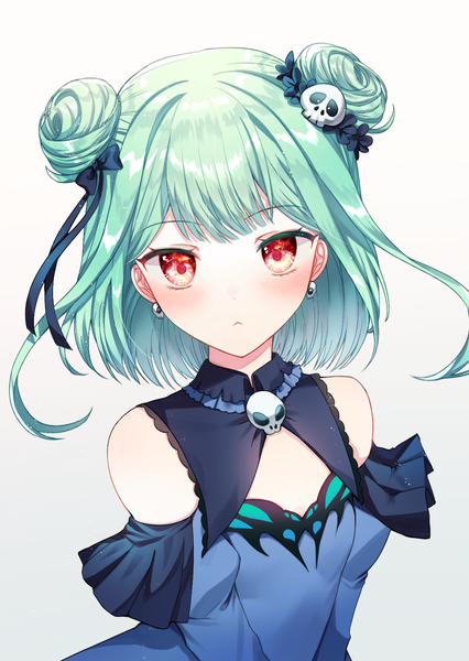 Anime picture 1240x1748 with virtual youtuber hololive uruha rushia uruha rushia (1st costume) dabi (dabibubi) single tall image looking at viewer blush short hair simple background red eyes bare shoulders upper body green hair grey background hair bun (hair buns) gradient background girl hair ornament
