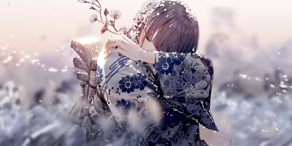 Anime picture 4320x2160 with original atha (leejuiping) single fringe highres short hair black hair wide image absurdres eyes closed traditional clothes japanese clothes hair flower blurry wide sleeves floral print new year hand on shoulder girl flower (flowers)
