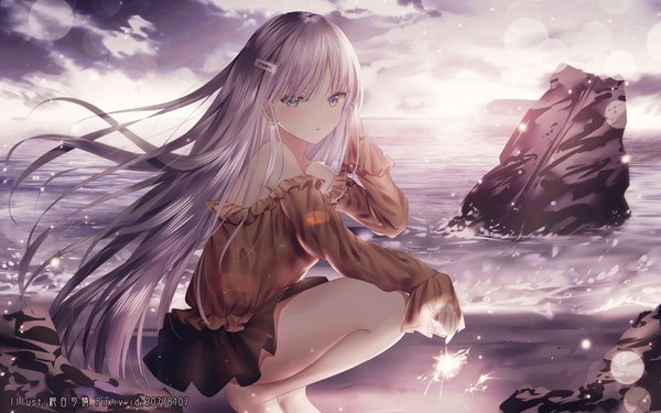 Anime picture 4000x2500 with fate (series) fate/grand order anastasia (fate) junpaku karen single long hair looking at viewer blush fringe highres open mouth blue eyes holding signed absurdres sky silver hair cloud (clouds) outdoors pleated skirt