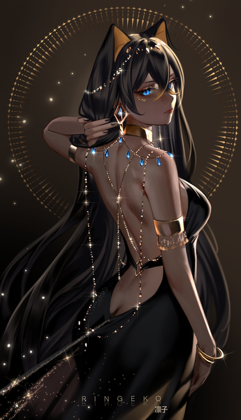 Anime picture 4162x7245 with genshin impact dehya (genshin impact) ringeko-chan single long hair tall image looking at viewer fringe highres breasts blue eyes light erotic black hair simple background hair between eyes standing signed animal ears absurdres nail polish