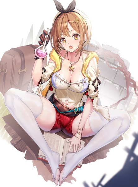 Anime picture 1469x1981 with atelier (series) atelier ryza gust (company) reisalin stout ririko (zhuoyandesailaer) single tall image looking at viewer blush fringe short hair breasts open mouth light erotic brown hair sitting holding brown eyes payot cleavage
