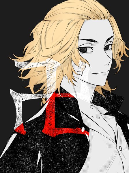 Anime picture 1732x2325 with tokyo revengers sano manjirou yun tai single tall image looking at viewer highres short hair simple background blonde hair upper body black background monochrome portrait partially colored swastika boy