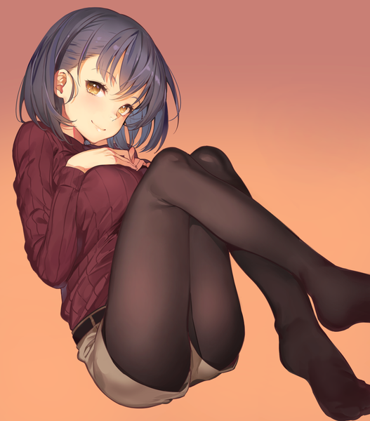 Anime picture 1002x1142 with original yuran (cozyquilt) single tall image looking at viewer blush fringe short hair breasts simple background smile hair between eyes brown eyes blue hair bent knee (knees) crossed legs gradient background hand on chest leg lift (legs lift) tsurime