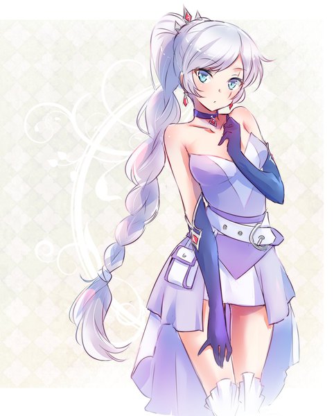 Anime picture 1157x1440 with rwby rooster teeth weiss schnee iesupa single long hair tall image looking at viewer blue eyes light erotic bare shoulders silver hair braid (braids) single braid scar hand to mouth girl dress gloves earrings