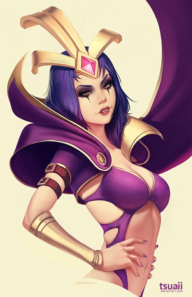 Anime picture 660x1020 with league of legends emilia leblanc tsuaii single tall image looking at viewer short hair breasts light erotic simple background yellow eyes purple hair lips realistic bare belly yellow background girl navel cloak
