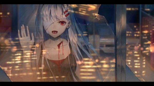 Anime picture 1920x1080 with original ji dao ji single long hair looking at viewer highres open mouth red eyes wide image silver hair night sleeveless reflection letterboxed city lights injury bandage over one eye broken glass cuts formula