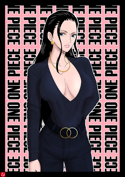 Anime picture 1280x1811 with one piece toei animation nico robin chris re5 single long hair tall image looking at viewer breasts blue eyes light erotic black hair large breasts standing signed payot cleavage lips copyright name lipstick