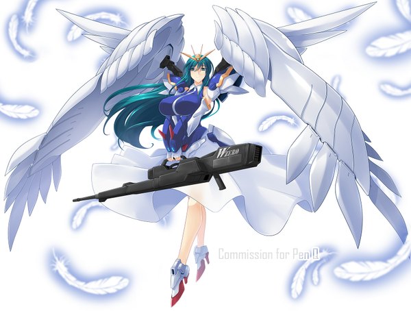 Anime picture 1637x1241 with haganef single long hair fringe breasts simple background smile white background aqua eyes aqua hair high heels huge breasts mechanical wings girl weapon wings gun feather (feathers)