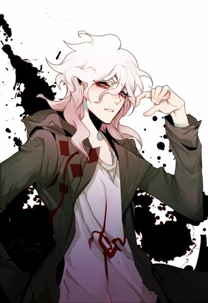 Anime picture 700x1016 with dangan ronpa super dangan ronpa 2 komaeda nagito xianrou men single long hair tall image looking at viewer simple background white background white hair from below grey eyes wavy hair hand in pocket boy