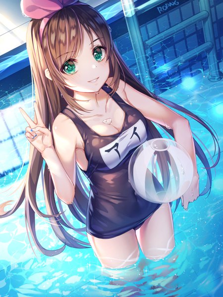 Anime picture 700x933 with virtual youtuber a.i. channel kizuna ai roang single long hair tall image looking at viewer blush fringe breasts light erotic hair between eyes brown hair standing holding green eyes signed cleavage nail polish