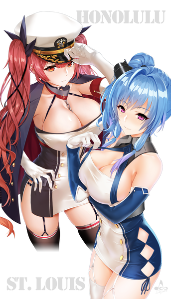 Anime-Bild 1200x2094 mit azur lane st. louis (azur lane) honolulu (azur lane) infinote long hair tall image fringe breasts light erotic hair between eyes red eyes large breasts purple eyes twintails bare shoulders multiple girls blue hair cleavage red hair from above