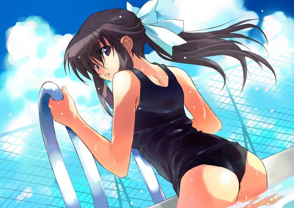 Anime picture 1280x906 with long hair light erotic black hair sky looking back black eyes girl bow swimsuit hair bow one-piece swimsuit school swimsuit