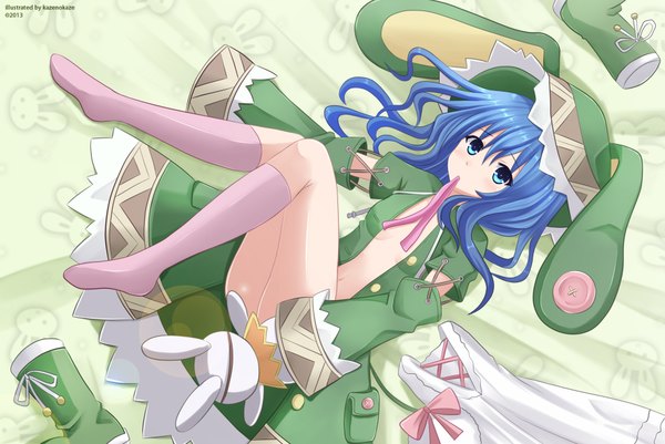 Anime picture 1900x1270 with date a live yoshino (date a live) yoshinon kazenokaze single long hair blush highres breasts blue eyes light erotic holding blue hair censored no bra bunny ears legs mouth hold convenient censoring ribbon in mouth