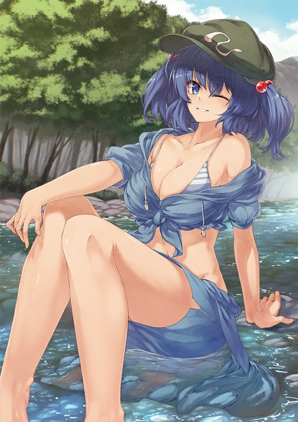 Anime picture 724x1024 with touhou kawashiro nitori ibuki notsu single tall image looking at viewer short hair breasts blue eyes light erotic large breasts blue hair cleavage bent knee (knees) one eye closed barefoot wink off shoulder two side up river