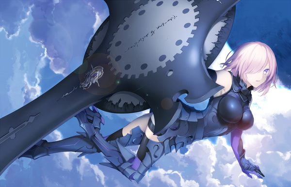 Anime picture 1554x1000 with fate (series) fate/grand order mash kyrielight wowishi single looking at viewer fringe short hair breasts open mouth light erotic large breasts purple eyes bare shoulders purple hair cloud (clouds) full body bent knee (knees) hair over one eye thighs