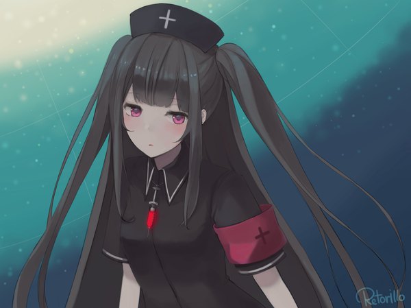Anime picture 3553x2659 with virtual youtuber virtual clinic minai karte retorillo single long hair looking at viewer blush fringe highres black hair simple background signed payot absurdres upper body blunt bangs pink eyes :o two side up