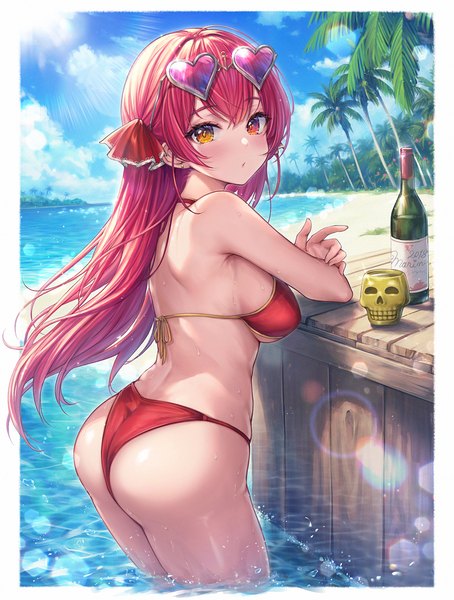 Anime picture 1618x2140 with virtual youtuber hololive houshou marine houshou marine (summer) mirukurim single long hair tall image looking at viewer blush fringe breasts light erotic hair between eyes red eyes standing yellow eyes sky cloud (clouds) outdoors