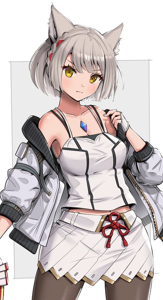 Anime picture 882x1620 with xenoblade xenoblade 3 mio (xenoblade) gonzarez single tall image looking at viewer blush short hair simple background animal ears yellow eyes silver hair pleated skirt cat ears off shoulder grey background open jacket outside border girl