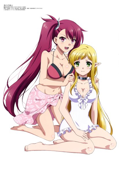 Anime picture 4096x5963 with kuro no shoukanshi megami magazine sera (kuro no shoukanshi) efil (kuro no shoukanshi) ooshima miwa long hair tall image looking at viewer fringe highres breasts open mouth light erotic simple background blonde hair red eyes large breasts white background sitting multiple girls