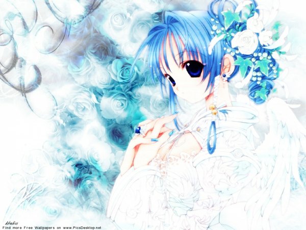 Anime picture 1152x864 with original nanase aoi single looking at viewer fringe blue eyes white background signed blue hair cleavage upper body ahoge nail polish looking back hair flower wide sleeves angel wings soft beauty girl hair ornament