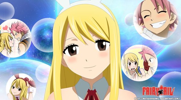 Anime picture 1428x792 with fairy tail lucy heartfilia natsu dragneel natsudrgonil long hair blush short hair blonde hair smile wide image brown eyes pink hair eyes closed profile black eyes inscription bunny ears grin coloring multiple persona