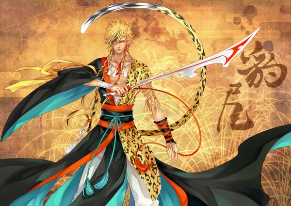 Anime picture 1398x992 with original usarika single long hair blonde hair yellow eyes tail braid (braids) japanese clothes animal tail fingernails pointy ears tattoo long fingernails demon animal eyes boy ribbon (ribbons) weapon detached sleeves