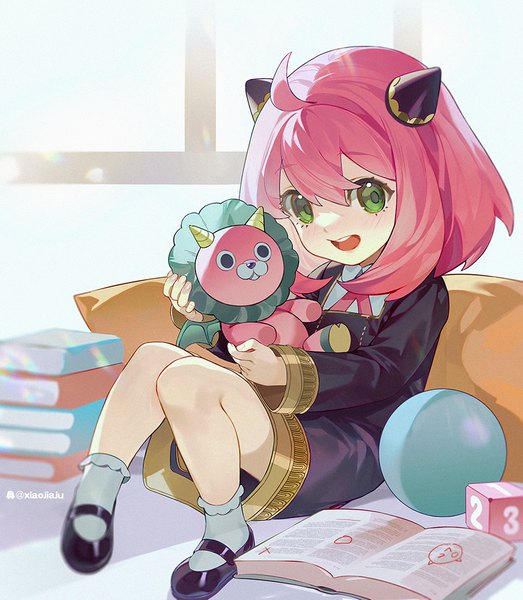 Anime picture 872x1000 with spy x family anya (spy x family) director chimera (spy x family) xiaojiaju single tall image looking at viewer short hair open mouth sitting green eyes signed pink hair full body ahoge :d girl uniform socks shoes