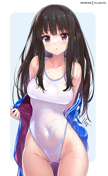 Anime picture 737x1200 with lycoris recoil inoue takina hong (white spider) single long hair tall image looking at viewer light erotic black hair purple eyes :o wet covered navel border ass visible through thighs outside border highleg girl swimsuit one-piece swimsuit