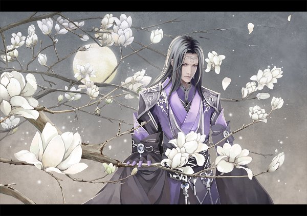 Anime picture 1200x842 with hazhangzhong single long hair traditional clothes grey hair grey eyes chinese clothes boy flower (flowers) petals moon jewelry full moon branch magnolia