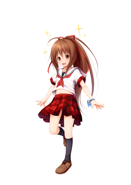 Anime picture 2507x3542 with original tachibana mion (izumi kazusa) haryuu (poetto) single long hair tall image looking at viewer highres open mouth smile brown hair standing brown eyes full body ahoge ponytail pleated skirt short sleeves midriff fang (fangs)