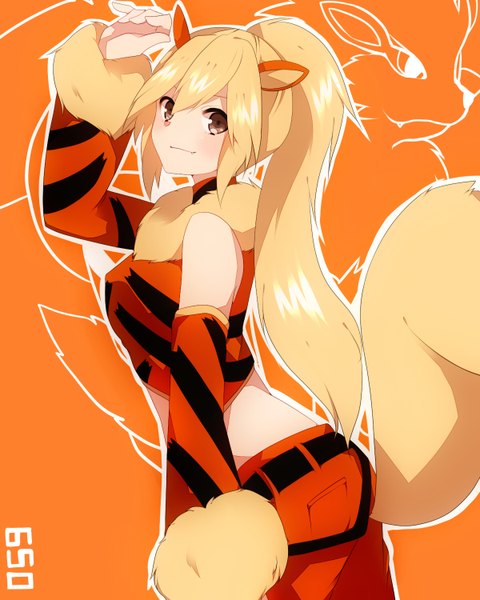 Anime picture 1200x1500 with pokemon nintendo arcanine takeshima eku single long hair tall image blonde hair brown eyes animal ears ponytail animal tail orange background gen 1 pokemon pokemon number girl detached sleeves