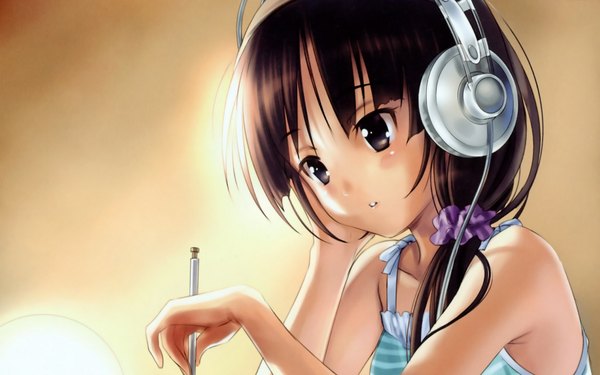 Anime picture 1920x1200 with k-on! kyoto animation akiyama mio long hair highres black hair simple background wide image bare shoulders black eyes striped girl headphones pen