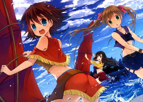 Anime picture 7012x5004 with suisei no gargantia production i.g amy (suisei no gargantia) saaya (suisei no gargantia) melty (suisei no gargantia) long hair blush highres short hair open mouth blue eyes black hair brown hair twintails multiple girls brown eyes green eyes absurdres sky cloud (clouds)