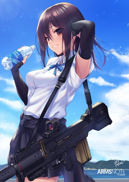 Anime picture 815x1150 with arms note bionic joshikousei (fukai ryousuke) fukai ryosuke single long hair tall image looking at viewer fringe breasts smile hair between eyes red eyes brown hair standing holding signed sky cloud (clouds) outdoors parted lips